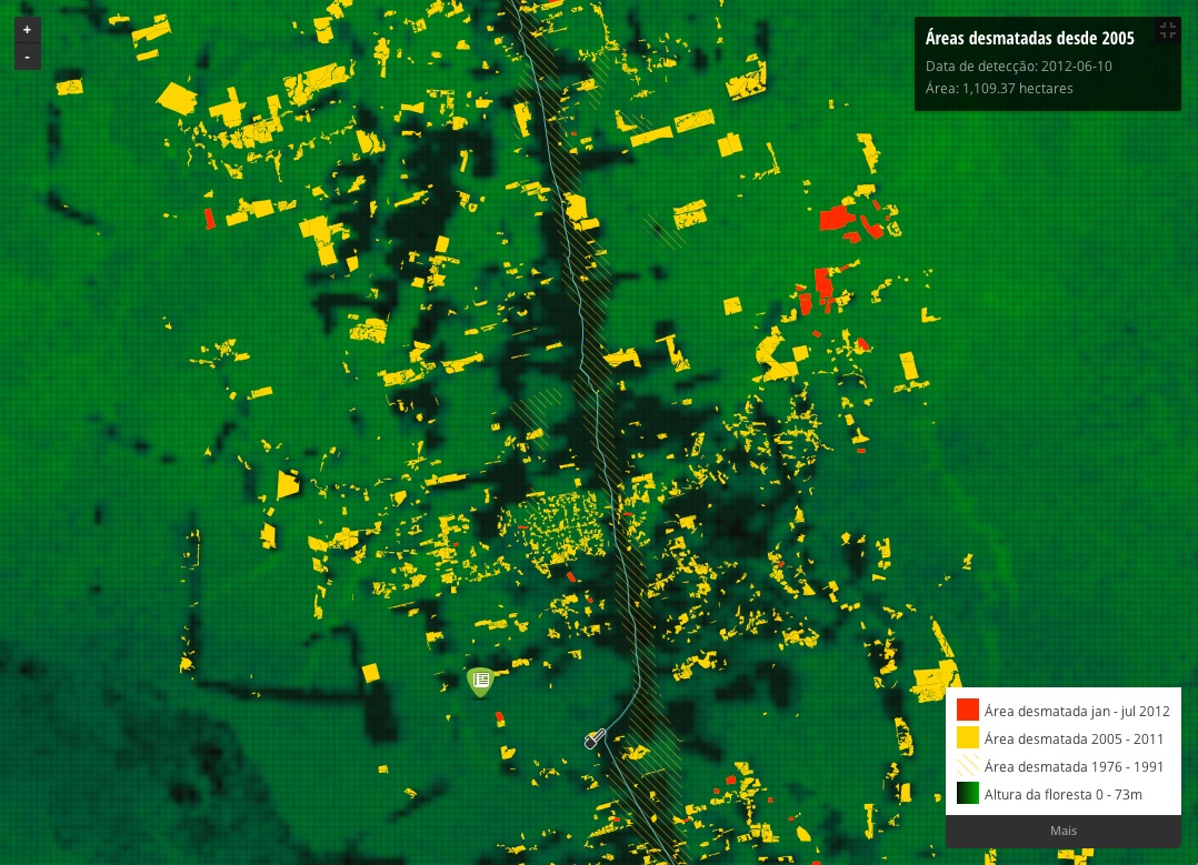 Imagem mostra desmatamento no entorno da BR 163, no Pará. Áreas em vermelho são dados mensais de alertas de desmatamento. Em amarelo, o acumulado histórico. Clique para ir a mapa interativo.