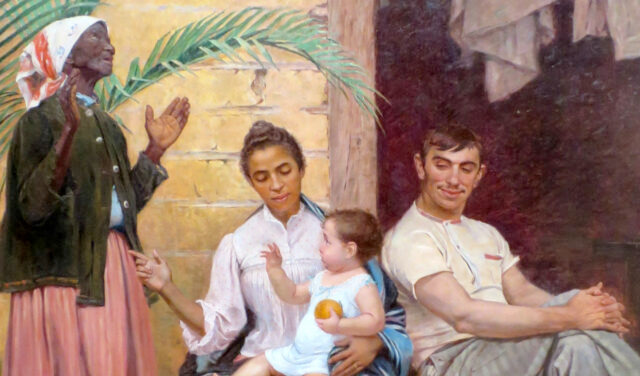 Recorte do quadro "A Redenção de Can", de 1895. À esquerda, uma senhora negra retinta levanta as mãos aos céus, ao lado de sua família: uma mulher negra de pele clara, seu marido de fenótipo europeu e seu filho, um bebê também branco. Um dos famosos retratos do racismo do final do século XIX.